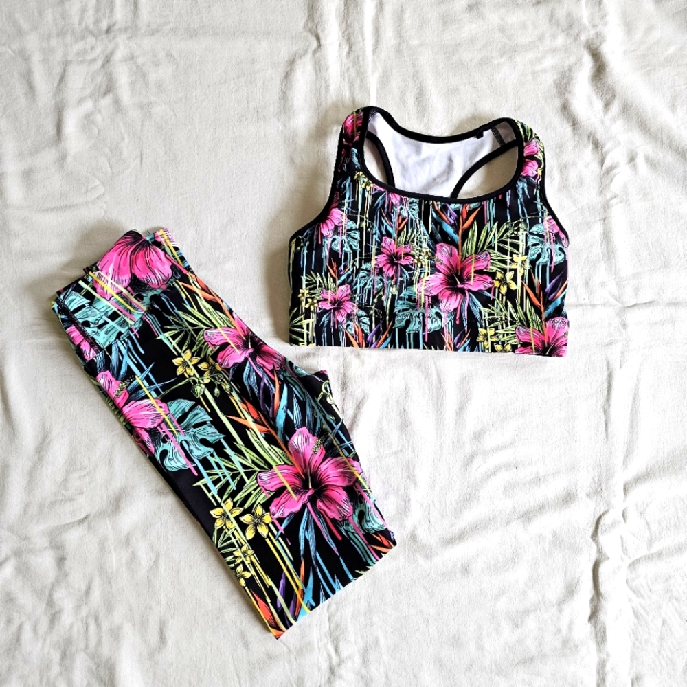 Floral Activewear Set - Black with Pink and Green